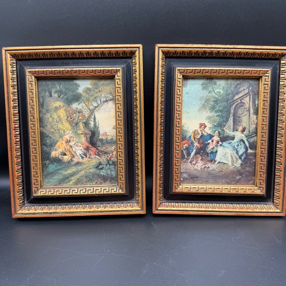 Vintage Rococo Couple Prints in Greek Key Frames Set of 2 Romantic Scenes 10x8 - Picture 1 of 10